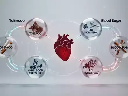 Eine grafische Darstellung von vier Faktoren (Tabak, Blutdruck, Cholesterin, Blutzucker), die auf ein Herz einwirken. - Foto: über boerse-global.de