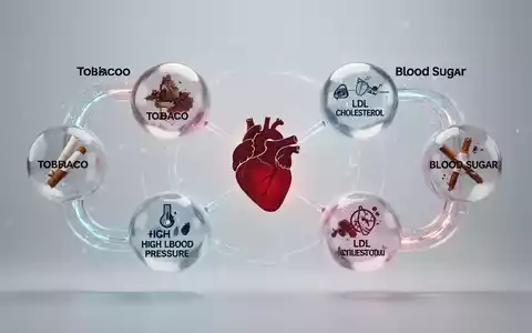 Eine grafische Darstellung von vier Faktoren (Tabak, Blutdruck, Cholesterin, Blutzucker), die auf ein Herz einwirken. - Foto: über boerse-global.de
