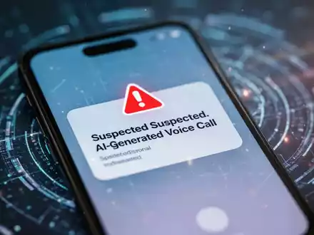 Ein Smartphone-Bildschirm zeigt eine Warnung vor einem betrügerischen Anruf, der durch KI manipuliert wurde, mit unscharfem digitalen Hintergrund. - Foto: über boerse-global.de