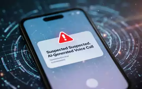 Ein Smartphone-Bildschirm zeigt eine Warnung vor einem betrügerischen Anruf, der durch KI manipuliert wurde, mit unscharfem digitalen Hintergrund. - Foto: über boerse-global.de