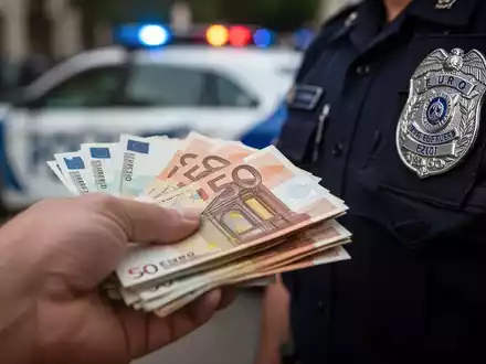 Nahaufnahme einer Hand, die Euro-Banknoten hält, mit einem unscharfen Polizeizeichen oder Polizeiauto im Hintergrund. - Foto: über boerse-global.de