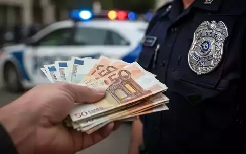 Nahaufnahme einer Hand, die Euro-Banknoten hält, mit einem unscharfen Polizeizeichen oder Polizeiauto im Hintergrund. - Foto: über boerse-global.de