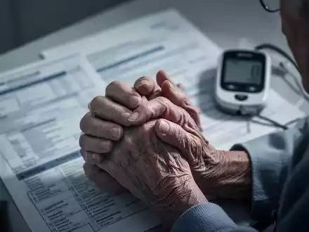 Ältere Hände, die Stress zeigen, mit verschwommenen medizinischen Geräten im Hintergrund, symbolisieren psychischen Stress und Diabetes. - Foto: über boerse-global.de