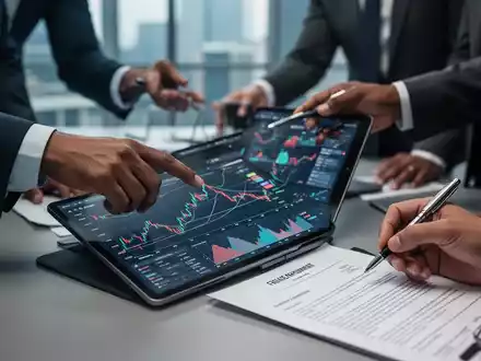 Geschäftsleute diskutieren Finanzdokumente und digitale Diagramme, Fokus auf Vertragsdetails und variable Vergütung. - Foto: über boerse-global.de