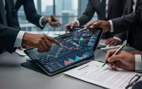 Geschäftsleute diskutieren Finanzdokumente und digitale Diagramme, Fokus auf Vertragsdetails und variable Vergütung. - Foto: über boerse-global.de