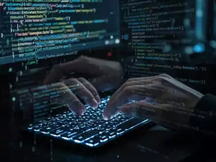 Close-up of a hacker's hands typing on a keyboard, with code reflected on a screen, symbolizing a cybersecurity threat. - Foto: über boerse-global.de