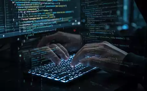 Close-up of a hacker's hands typing on a keyboard, with code reflected on a screen, symbolizing a cybersecurity threat. - Foto: über boerse-global.de
