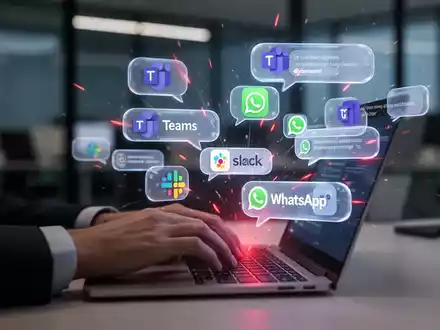 Digital overlay of chat bubbles and app icons emerging from a laptop screen, symbolizing phishing on collaboration tools. - Foto: über boerse-global.de