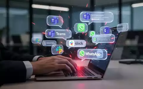 Digital overlay of chat bubbles and app icons emerging from a laptop screen, symbolizing phishing on collaboration tools. - Foto: über boerse-global.de