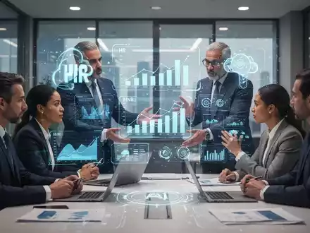 GeschĂ€ftsleute in einem modernen BĂŒro, die HR-Daten und KI-Analysen auf einer holografischen Schnittstelle diskutieren. - Foto: ĂŒber boerse-global.de