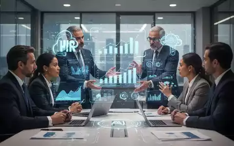 Geschäftsleute in einem modernen Büro, die HR-Daten und KI-Analysen auf einer holografischen Schnittstelle diskutieren. - Foto: über boerse-global.de