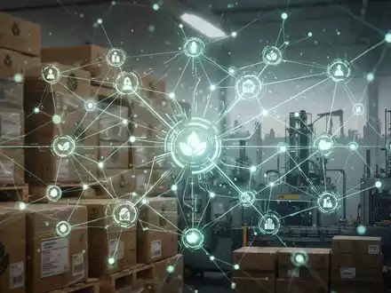 Ein abstraktes digitales Netzwerk mit leuchtenden Knotenpunkten über Verpackungsmaterialien und Fabriksilhouetten, das Technologie und Nachhaltigkeit darstellt. - Foto: über boerse-global.de