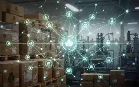 Ein abstraktes digitales Netzwerk mit leuchtenden Knotenpunkten über Verpackungsmaterialien und Fabriksilhouetten, das Technologie und Nachhaltigkeit darstellt. - Foto: über boerse-global.de