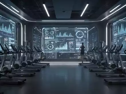 Ein futuristisches Fitnessstudio bei Nacht mit leuchtenden digitalen Bildschirmen, die biometrische Daten und Trainingsmetriken anzeigen. - Foto: über boerse-global.de