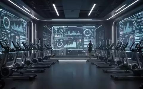 Ein futuristisches Fitnessstudio bei Nacht mit leuchtenden digitalen Bildschirmen, die biometrische Daten und Trainingsmetriken anzeigen. - Foto: über boerse-global.de