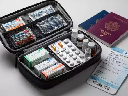 Eine offene Reiseapotheke mit Medikamenten, daneben ein Reisepass und ein Flugticket, auf einer hellen Oberfläche. - Foto: über boerse-global.de