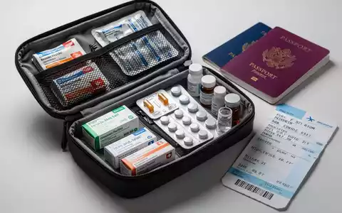 Eine offene Reiseapotheke mit Medikamenten, daneben ein Reisepass und ein Flugticket, auf einer hellen Oberfläche. - Foto: über boerse-global.de