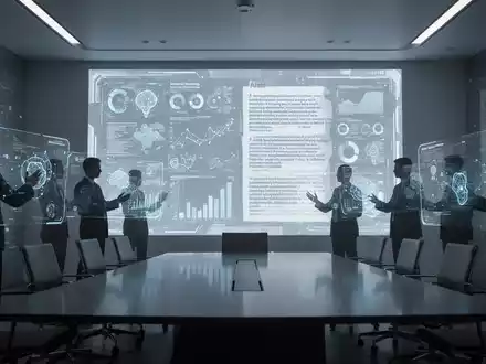 Ein futuristischer Konferenzraum mit digitalen Anzeigen, die komplexe Daten und Gesetzestexte zeigen, symbolisiert neue Governance-Regeln. - Foto: über boerse-global.de