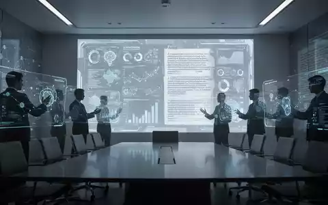 Ein futuristischer Konferenzraum mit digitalen Anzeigen, die komplexe Daten und Gesetzestexte zeigen, symbolisiert neue Governance-Regeln. - Foto: über boerse-global.de