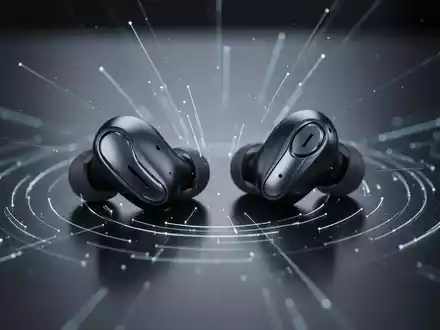 Close-up of wireless earbuds on a dark surface, with glowing lines symbolizing data transmission and security. - Foto: über boerse-global.de