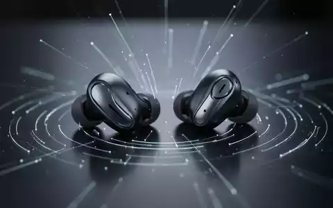 Close-up of wireless earbuds on a dark surface, with glowing lines symbolizing data transmission and security. - Foto: über boerse-global.de
