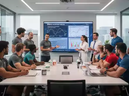 Eine Gruppe von Sportlern und Ernährungswissenschaftlern in einem Konferenzraum, die über Sporternährung und Nahrungsergänzungsmittel diskutieren. - Foto: über boerse-global.de