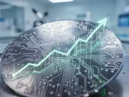 Nahaufnahme einer glänzenden Siliziumscheibe mit komplexen Schaltkreismustern, die ein subtiles Aufwärtstrenddiagramm reflektieren. - Foto: über boerse-global.de