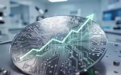 Nahaufnahme einer glänzenden Siliziumscheibe mit komplexen Schaltkreismustern, die ein subtiles Aufwärtstrenddiagramm reflektieren. - Foto: über boerse-global.de