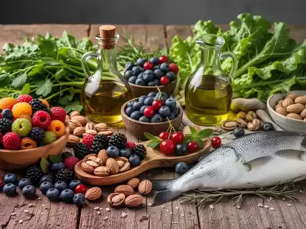 Ein Stillleben aus frischen, gesunden Lebensmitteln wie Beeren, grünem Gemüse, Nüssen, Olivenöl und Fisch auf einem Holztisch. - Foto: über boerse-global.de