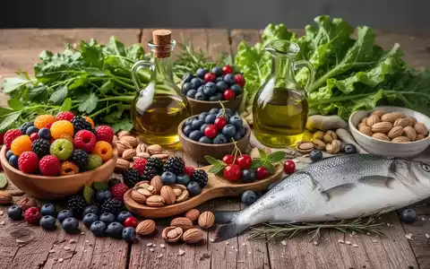 Ein Stillleben aus frischen, gesunden Lebensmitteln wie Beeren, grünem Gemüse, Nüssen, Olivenöl und Fisch auf einem Holztisch. - Foto: über boerse-global.de