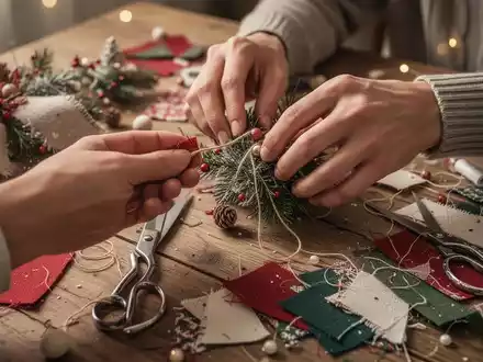 Nahaufnahme von Händen, die nachhaltige Weihnachtsdekoration aus Upcycling-Textilien herstellen, mit Nähwerkzeugen und Stoffresten auf einem Tisch. - Foto: über boerse-global.de