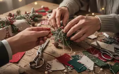 Nahaufnahme von Händen, die nachhaltige Weihnachtsdekoration aus Upcycling-Textilien herstellen, mit Nähwerkzeugen und Stoffresten auf einem Tisch. - Foto: über boerse-global.de