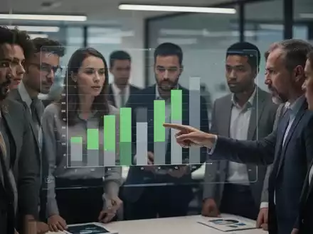 Eine Gruppe von Fachleuten analysiert eine digitale Grafik, die grüne und graue Balken zeigt, symbolisch für Nachhaltigkeitsdaten und Regulierung. - Foto: über boerse-global.de