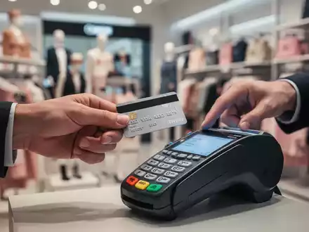 Eine Hand hält eine Kreditkarte zögernd vor ein Bezahlterminal, im Hintergrund verschwommene Ladenregale. - Foto: über boerse-global.de