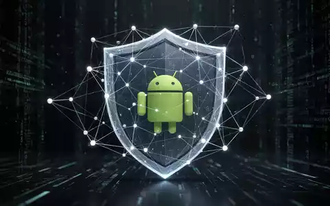 Abstrakte Darstellung digitaler Sicherheit, ein leuchtender Schild über einem Android-Logo, umgeben von Datenströmen. - Foto: über boerse-global.de