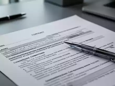 Nahaufnahme eines Vertragsdokuments mit einem Stift, der auf einer Klausel ruht, in einem modernen Büro. Fokus auf rechtliche Details. - Foto: über boerse-global.de