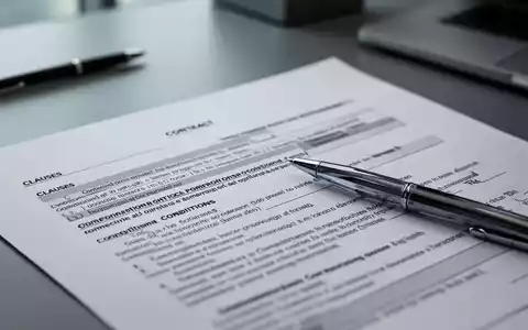 Nahaufnahme eines Vertragsdokuments mit einem Stift, der auf einer Klausel ruht, in einem modernen Büro. Fokus auf rechtliche Details. - Foto: über boerse-global.de
