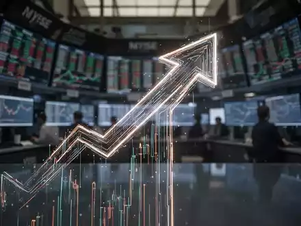 Eine stilisierte, leuchtende Pfeilform, die nach oben zeigt, über einem unscharfen Hintergrund eines modernen Börsenparketts. - Foto: über boerse-global.de