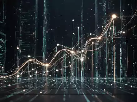 Abstrakte Darstellung von digitaler Infrastruktur und Datenfluss, die Wachstum und Konnektivität symbolisiert, mit leuchtenden Linien und Knoten. - Foto: über boerse-global.de