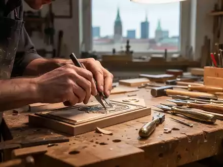 Hände eines Handwerkers arbeiten präzise an einem Projekt, Werkzeuge auf einer Werkbank. Im Hintergrund verschwommen die Berliner Skyline. - Foto: über boerse-global.de