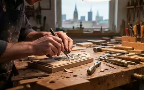 Hände eines Handwerkers arbeiten präzise an einem Projekt, Werkzeuge auf einer Werkbank. Im Hintergrund verschwommen die Berliner Skyline. - Foto: über boerse-global.de