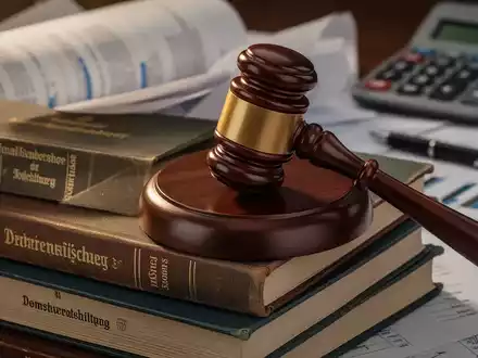 Ein detailliertes Nahaufnahmebild eines Richthammer auf einem Stapel deutscher Gesetzbücher, im Hintergrund verschwommen Finanzdokumente. - Foto: über boerse-global.de