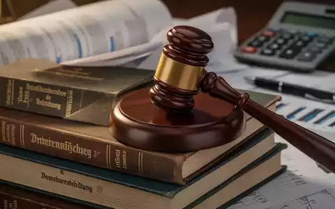 Ein detailliertes Nahaufnahmebild eines Richthammer auf einem Stapel deutscher Gesetzbücher, im Hintergrund verschwommen Finanzdokumente. - Foto: über boerse-global.de