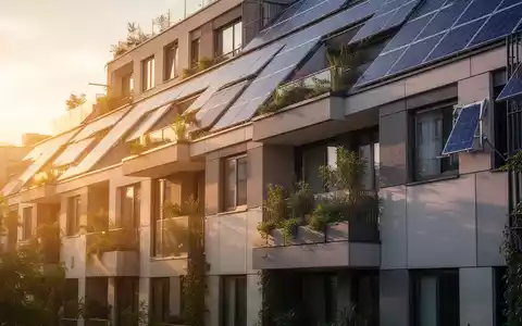 Eine moderne, energieeffiziente Wohnhausfassade mit Solarpanelen und grünen Elementen, beleuchtet von warmer Sonne. - Foto: über boerse-global.de