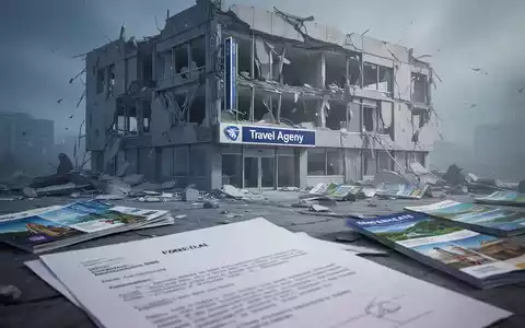 Ein stilisiertes, teilweise eingestürztes Gebäude mit verstreuten Reisebroschüren und einem unscharfen Rechtsdokument im Vordergrund. - Foto: über boerse-global.de