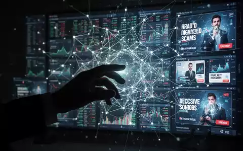 Eine Hand manipuliert ein digitales Interface, auf dem KI-generierte Werbeanzeigen und Finanzdaten zu sehen sind, die Online-Betrug symbolisieren. - Foto: über boerse-global.de