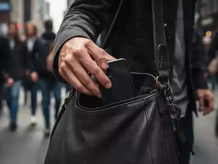 Eine Hand stiehlt unauffällig ein Smartphone aus einer offenen Tasche in einer Menschenmenge. - Foto: über boerse-global.de