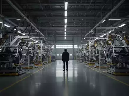 Ein gedimmter Fabrikboden in einer Automobilfabrik mit einer einzelnen, silhouettierten Person inmitten ruhender Maschinen. - Foto: über boerse-global.de