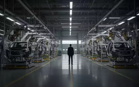 Ein gedimmter Fabrikboden in einer Automobilfabrik mit einer einzelnen, silhouettierten Person inmitten ruhender Maschinen. - Foto: über boerse-global.de