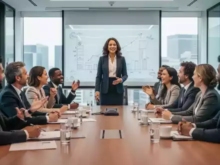 Eine Gruppe von Menschen, die in einem modernen Konferenzraum sitzen, diskutiert lebhaft, während eine Frau am Kopf des Tisches spricht. - Foto: über boerse-global.de